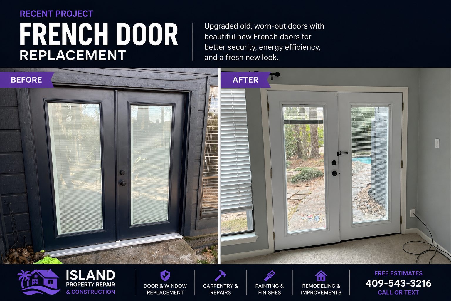 French Door Replacement project by Island Property Repair and Construction in Galveston